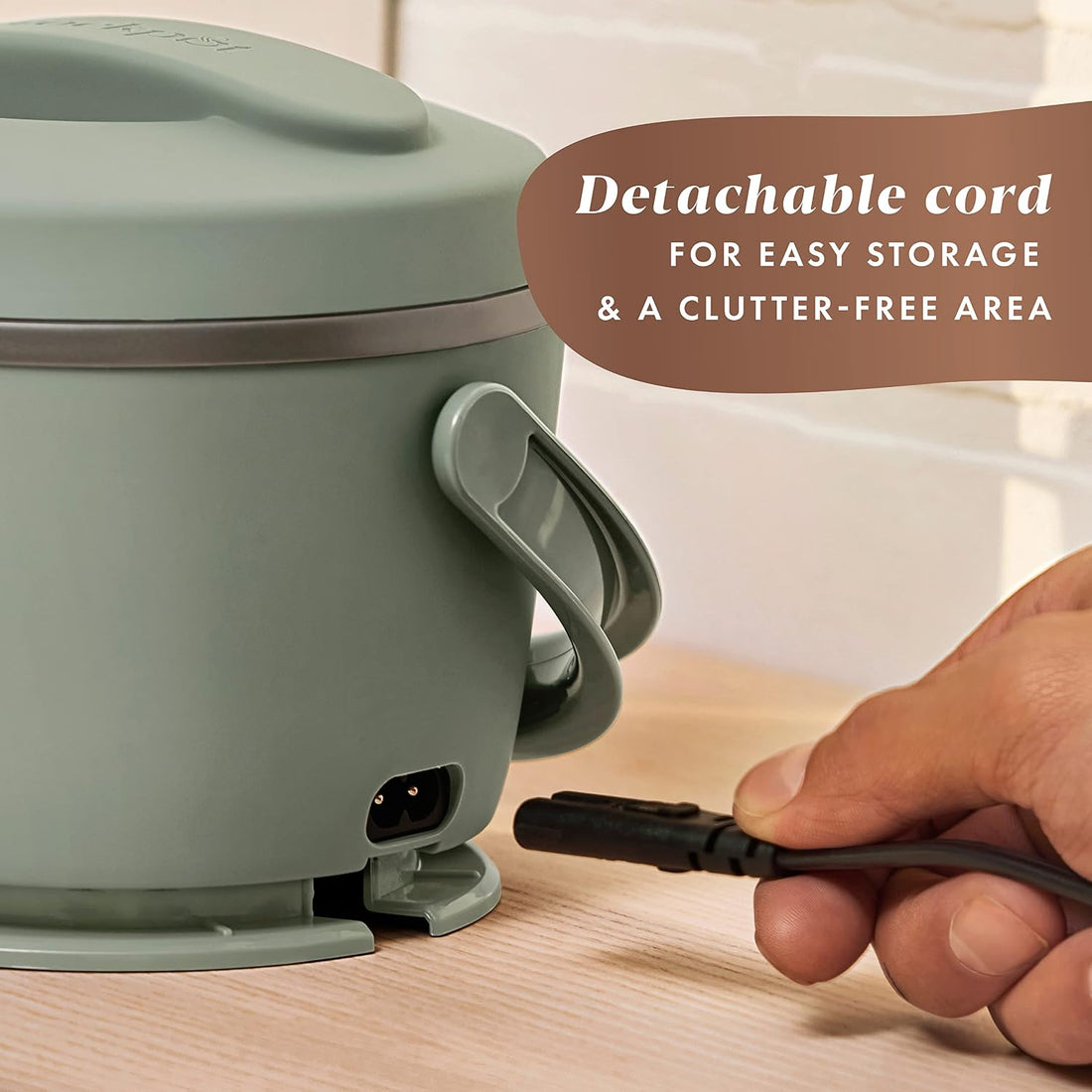 Sage green portable electric food warmer with removable lid