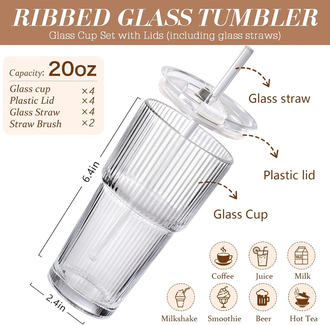Set of four ribbed glass cups with lids and straws