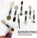 Kitchen measuring spoons displayed with a matching ingredient leveling tool