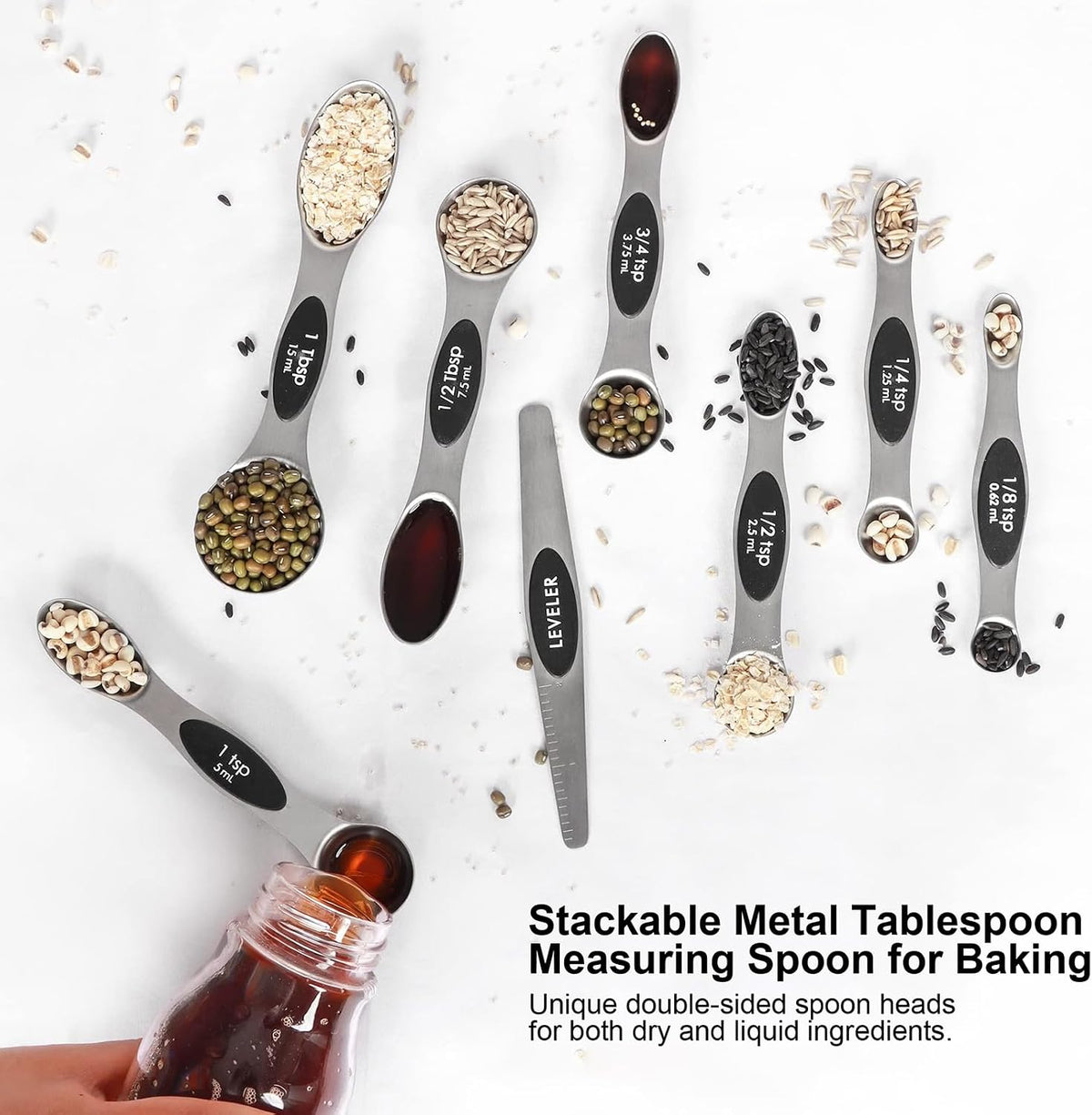 Kitchen measuring spoons displayed with a matching ingredient leveling tool