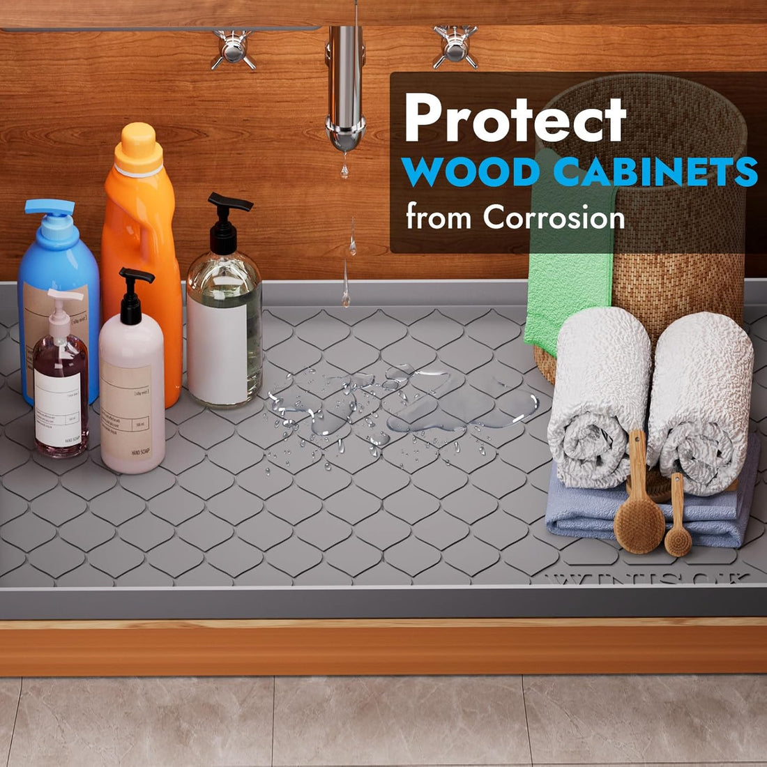 Waterproof under sink mat designed to help protect cabinet surfaces from spills