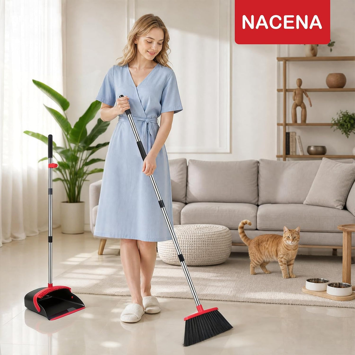 Broom and dustpan set featuring a long adjustable handle