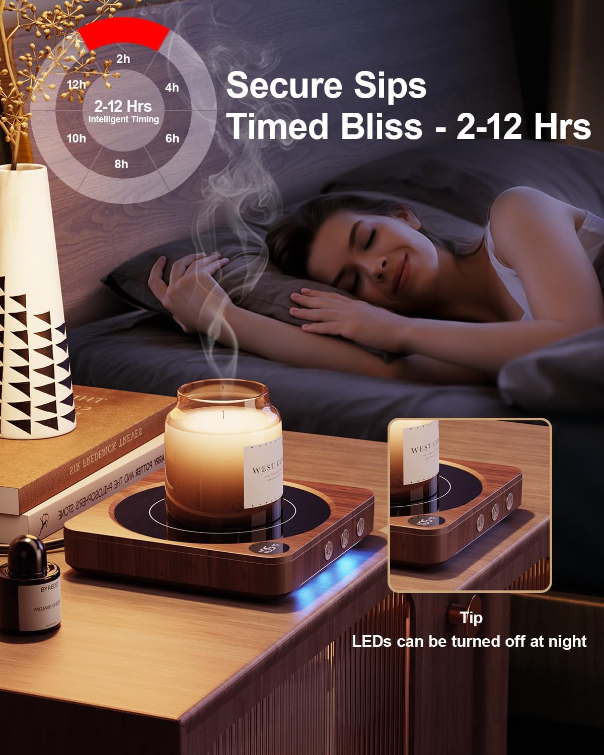 Electric coffee cup warmer with timer and front control buttons