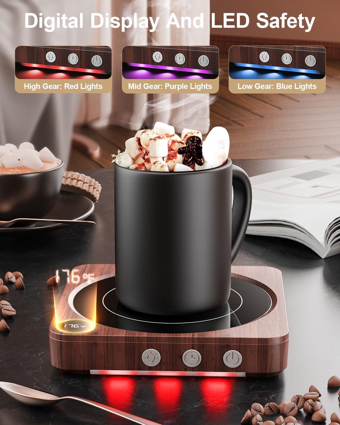 Electric mug warmer featuring a digital temperature display