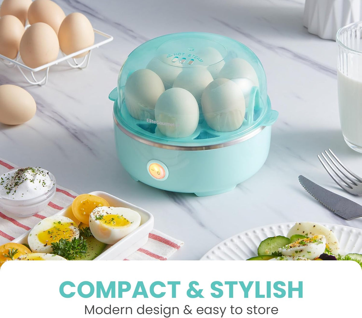 Compact mint-green egg cooker for everyday breakfast preparation