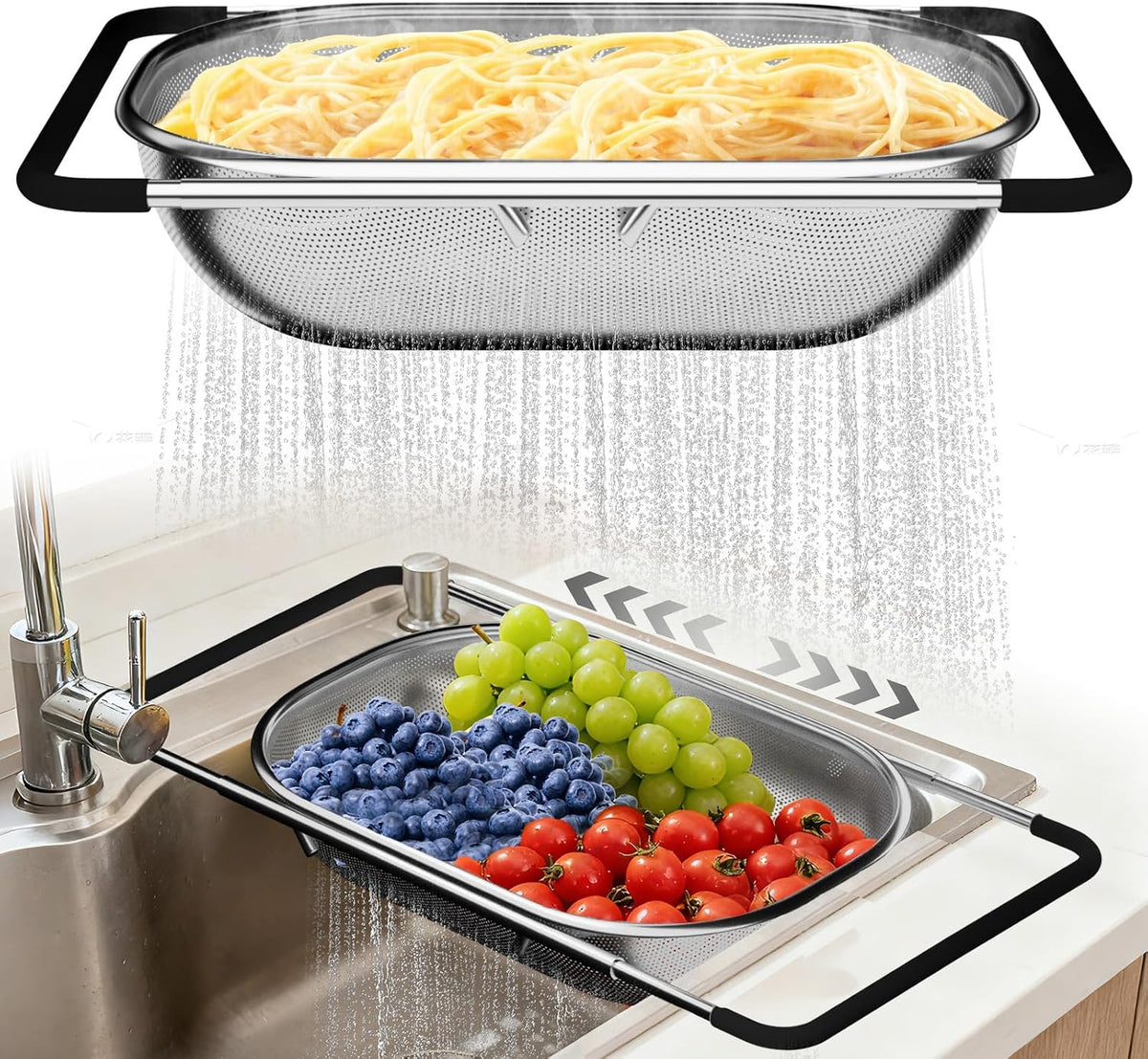 Expandable over-the-sink colander for rinsing and draining food