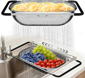 Expandable over-the-sink colander for rinsing and draining food