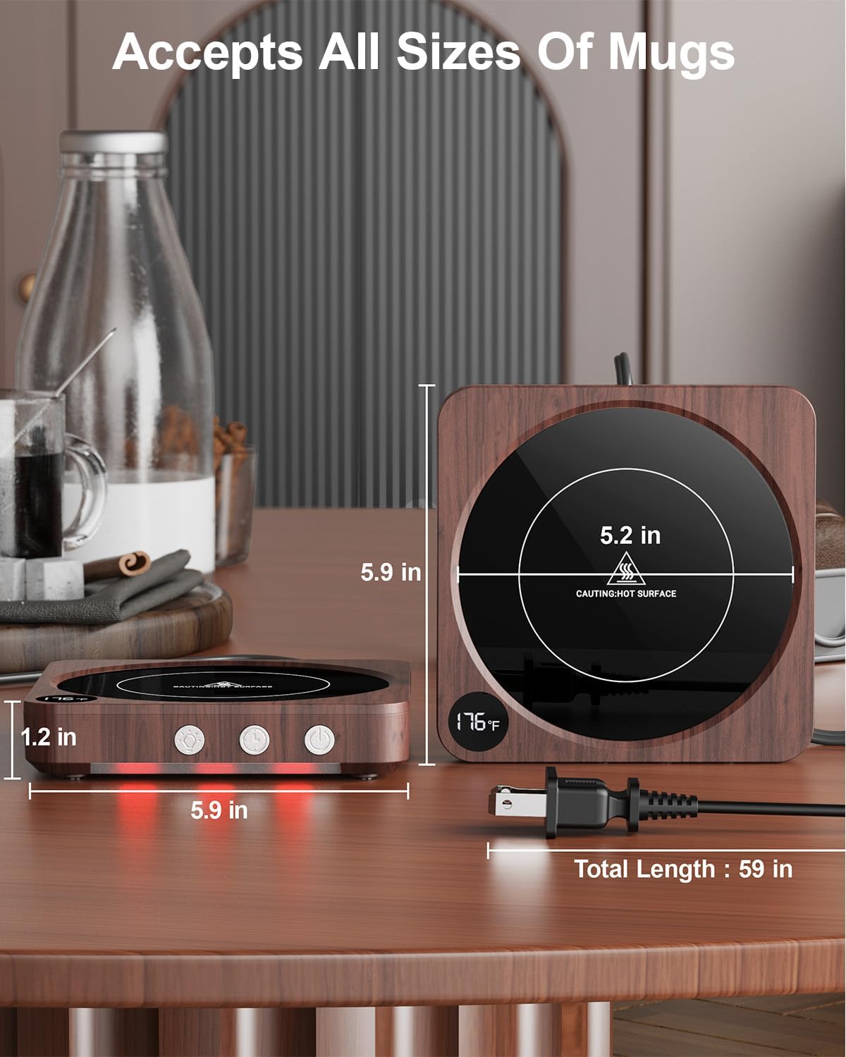 Electric mug warmer with a smooth black heating surface