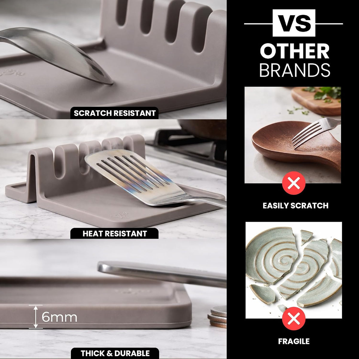 Gray silicone holder for resting spatulas and cooking spoons