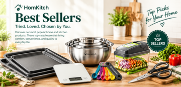 Promotional collage for HomKitch Best Sellers featuring multiple kitchen products including a stainless steel mixing bowl set, a digital scale, a cutting board with colorful knives, a container of chopped vegetables, a baking pan, and scissors, set against a warm kitchen background with feature text banners at the top and bottom.