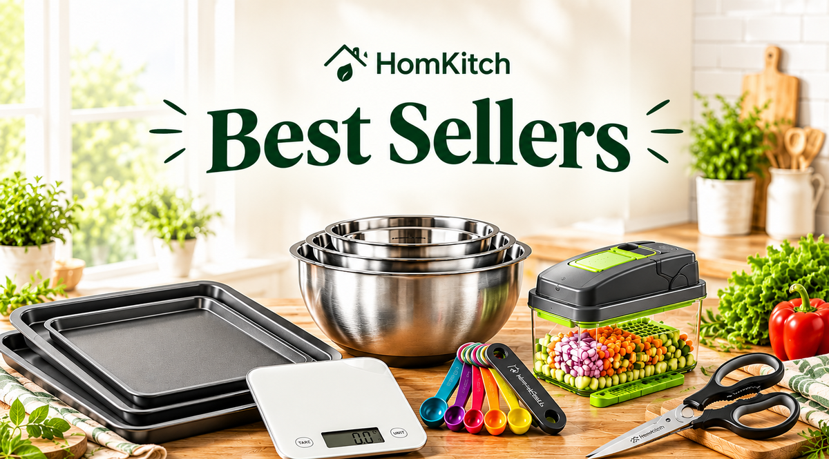 A countertop display of HomKitch best-seller kitchen tools, including a stack of black baking pans, a white digital scale, stainless steel mixing bowls, a colorful vegetable chopper, a set of measuring cups, and kitchen shears, with a 'HomKitch Best Sellers' banner overlay at the top.slider_item_BqxR7U