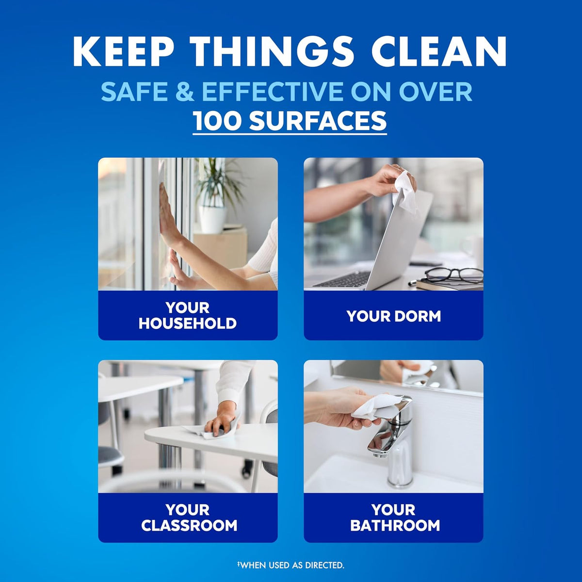 Household cleaning wipes in a convenient dispensing package