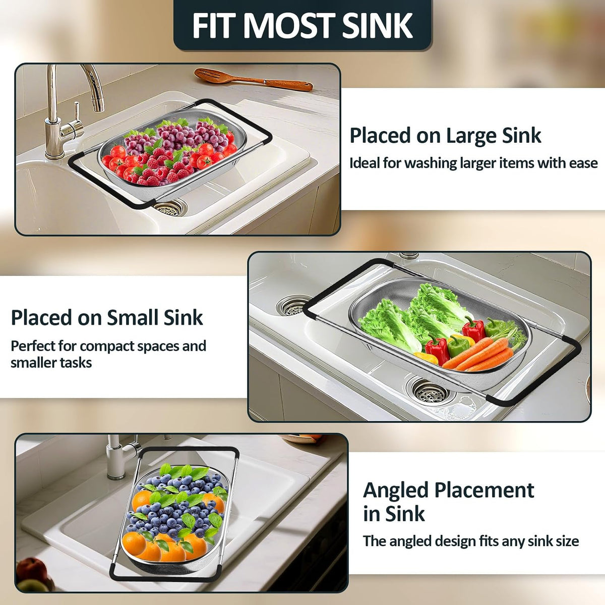 Extendable handles supporting a colander across a kitchen sink