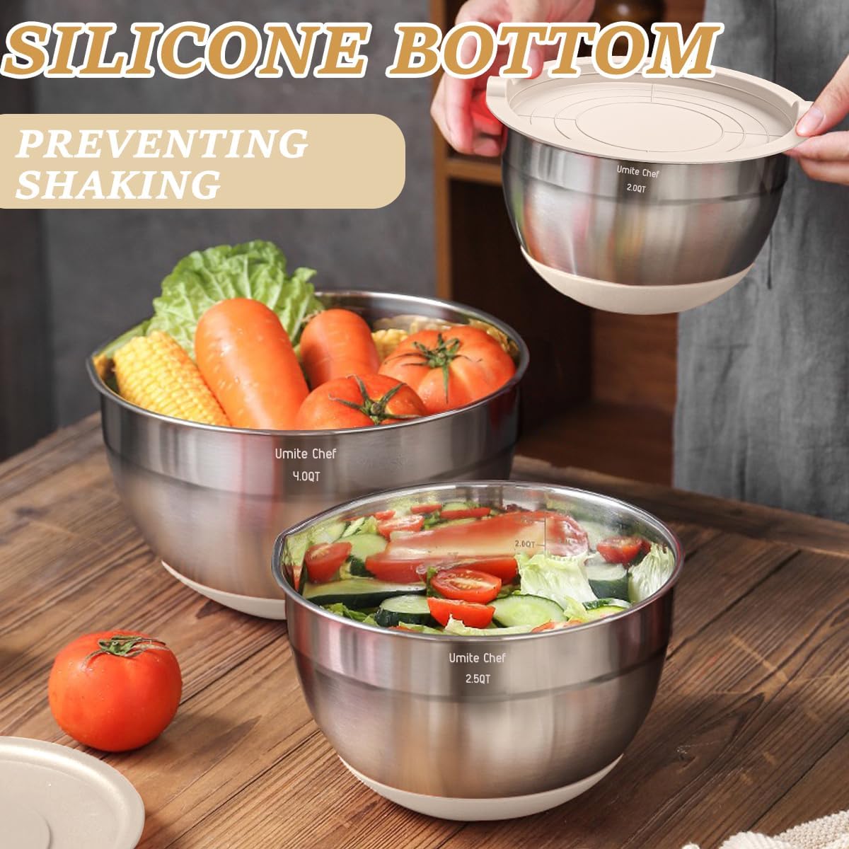 Multiple sizes of stainless steel bowls for cooking and baking