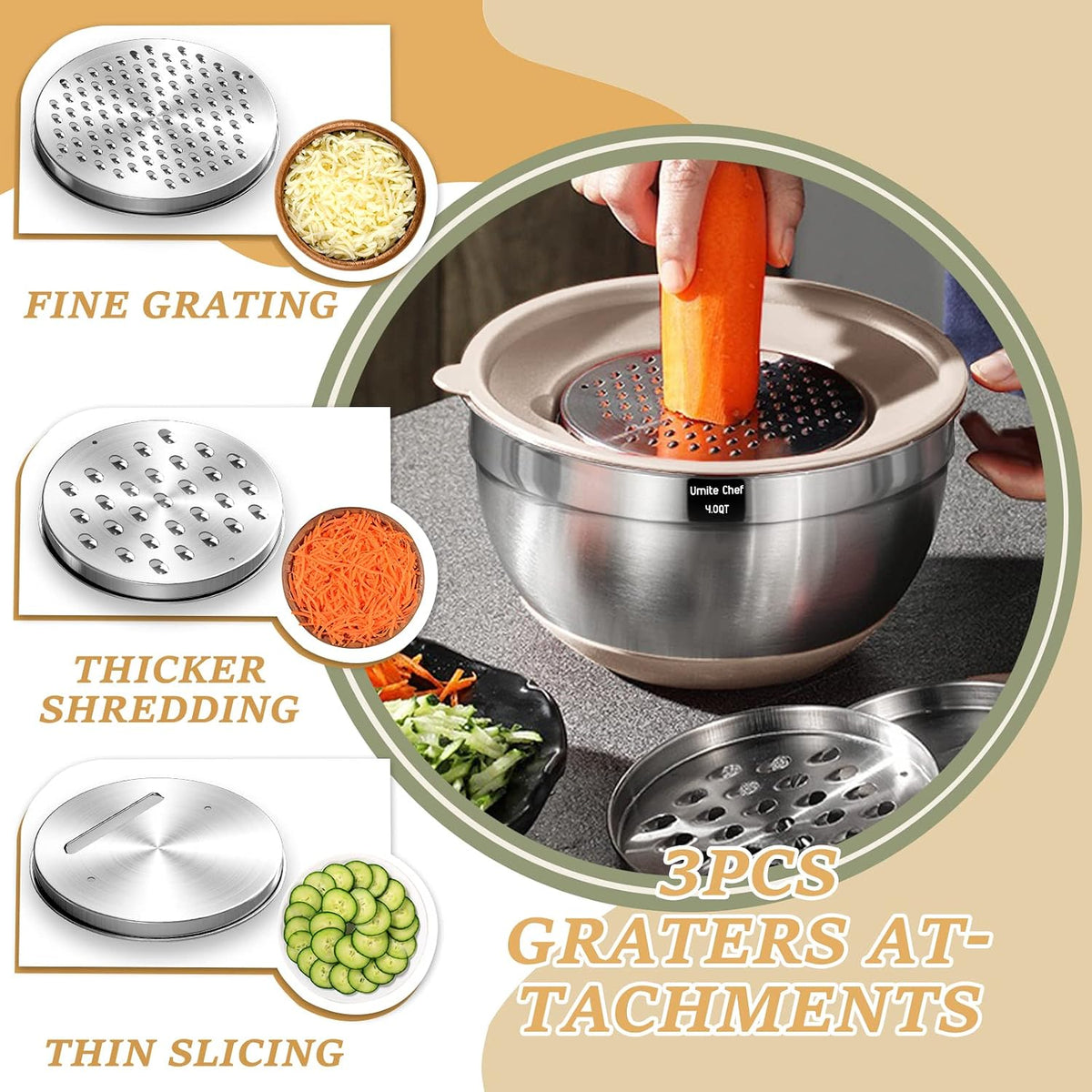 Mixing bowl set with interchangeable grater and slicing attachments