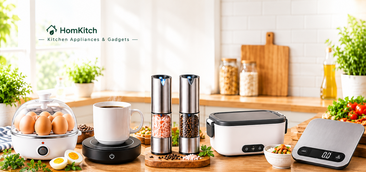 A collection of kitchen appliances and gadgets displayed on a wooden countertop in a bright, modern kitchen setting. The products include a multi-level egg cooker, a coffee maker on a hot plate, two stainless steel pepper mills, a small electric warmer, and a digital kitchen scale.1621243260e1af0c20-2
