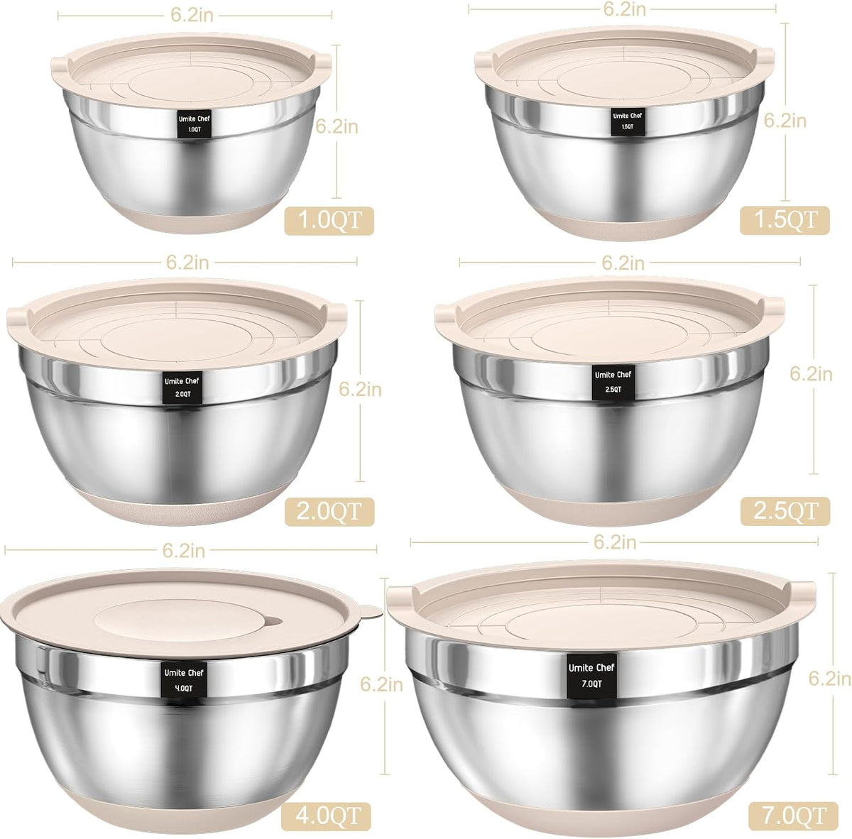 Nesting metal mixing bowls with lids for food preparation and storage