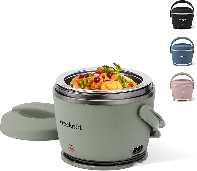 Sage green portable electric food warmer with removable lid
