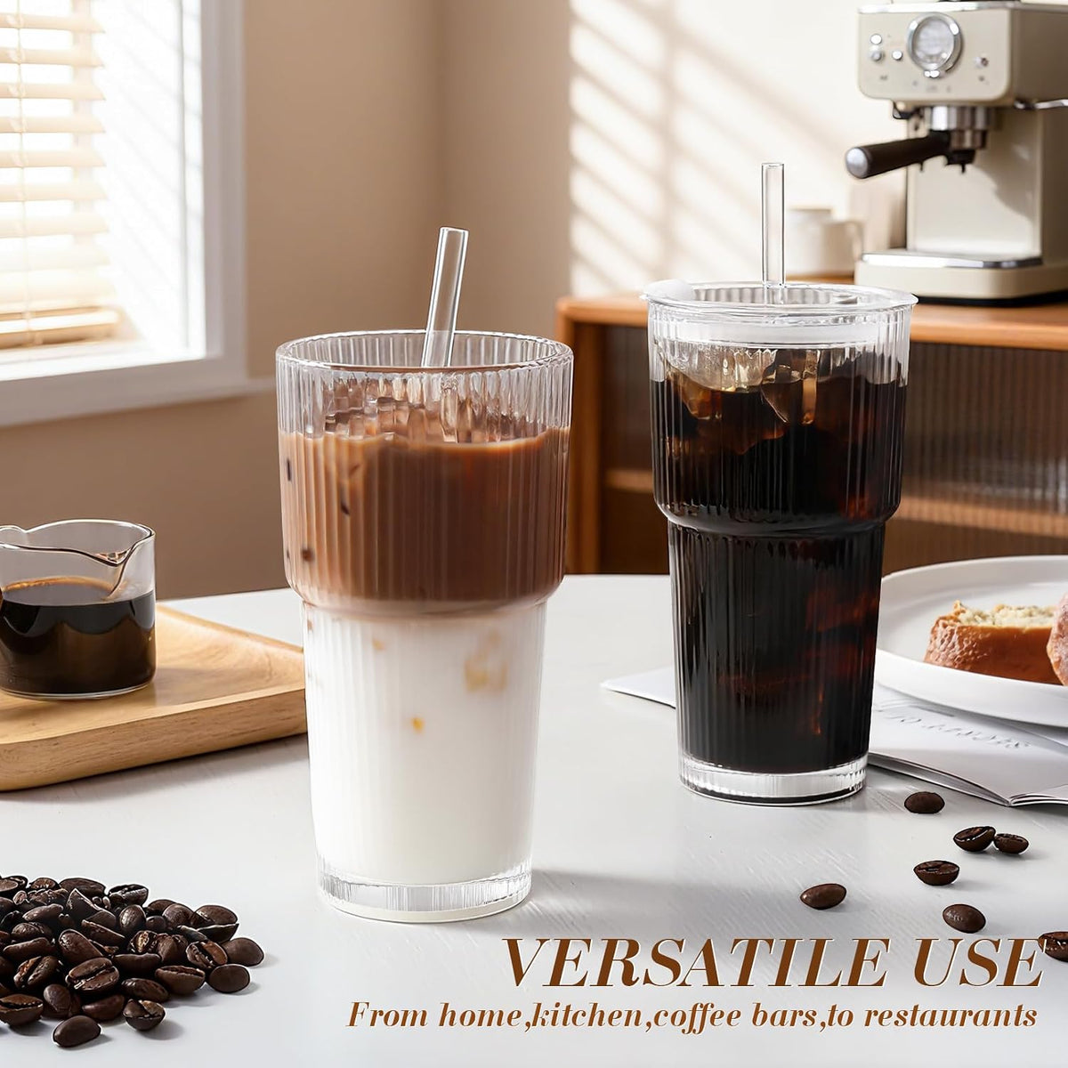 Textured glass drinkware for iced coffee and iced tea