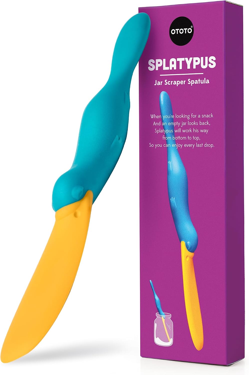 Turquoise and yellow silicone jar scraper spatula with a playful platypus design