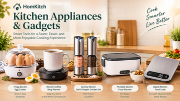 Promotional banner for HomKitch kitchen appliances and gadgets, featuring an electric egg cooker, electric coffee mug warmer, gravity electric salt and pepper grinder set, portable electric food warmer, and digital kitchen food scale on a kitchen counter with descriptive text overlays.