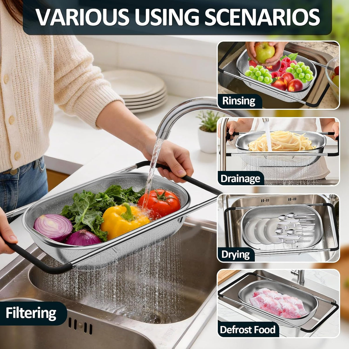 Mesh strainer basket positioned over a kitchen sink