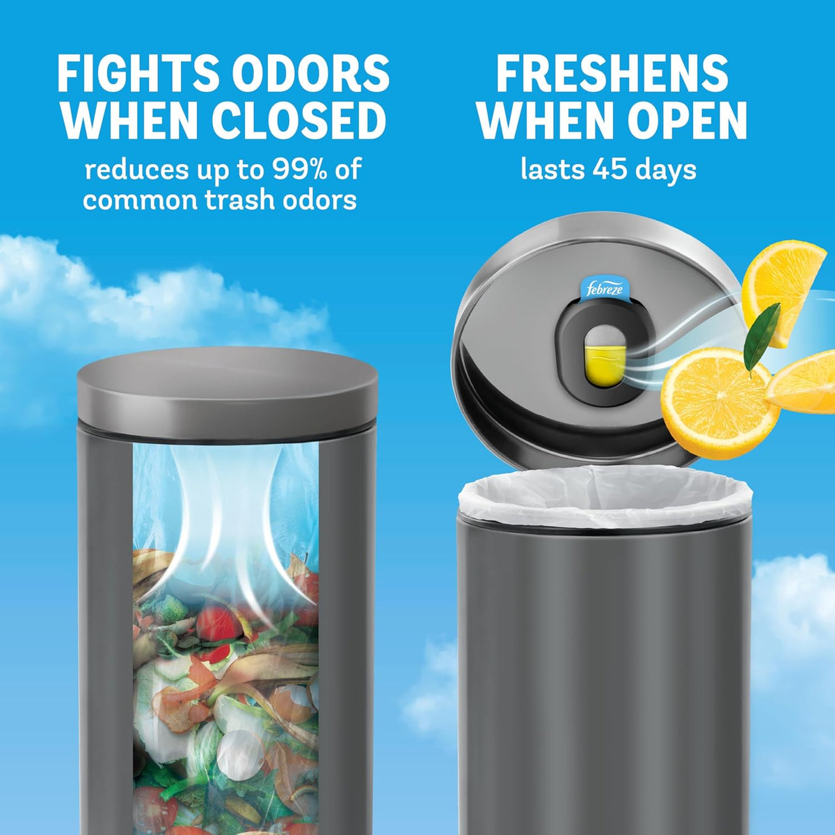 Garbage bin with a lid open showing lemon slices, labeled 'Fights odors when closed' and 'Freshens when open'.