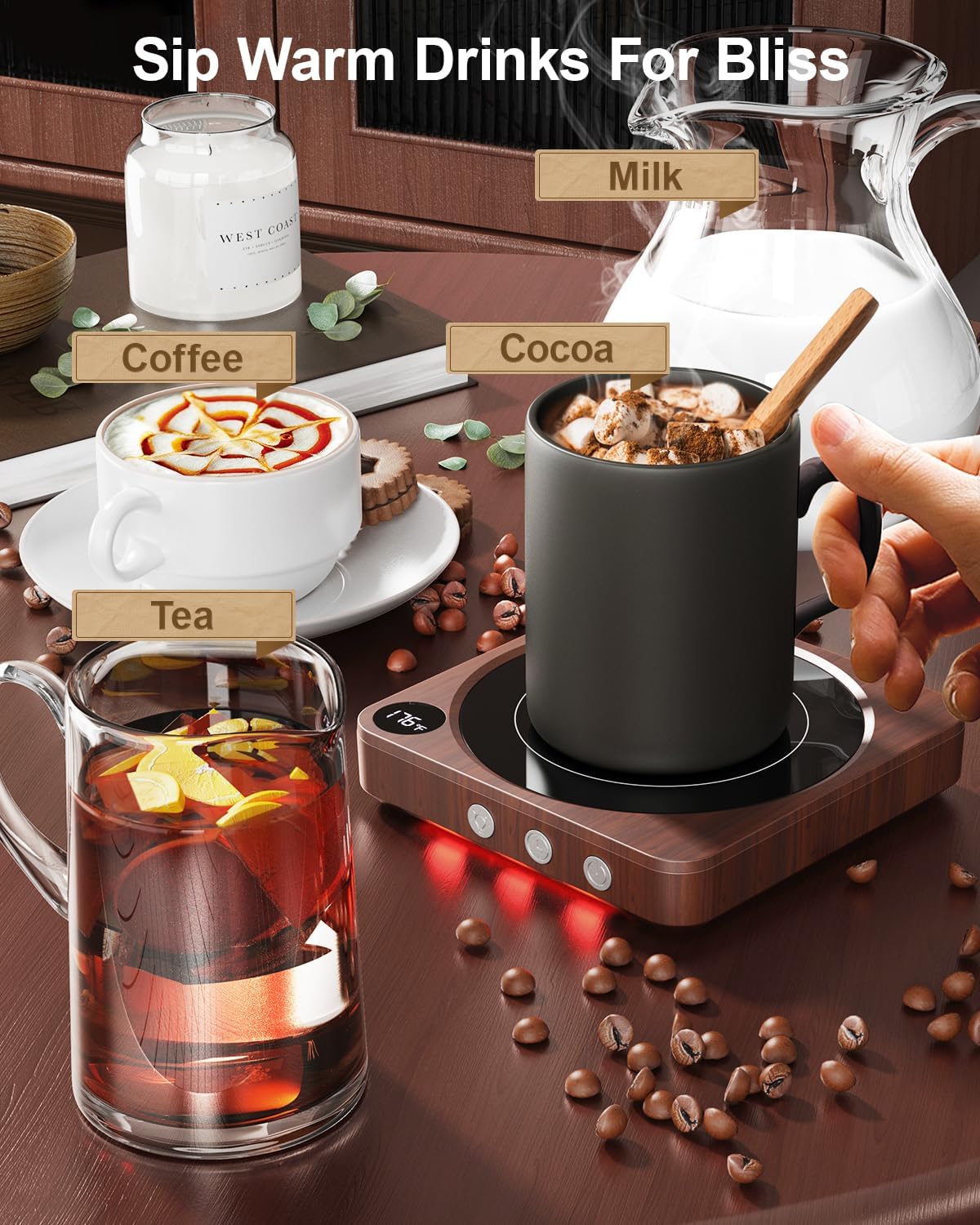 Wood-grain coffee warmer designed for desks and home offices