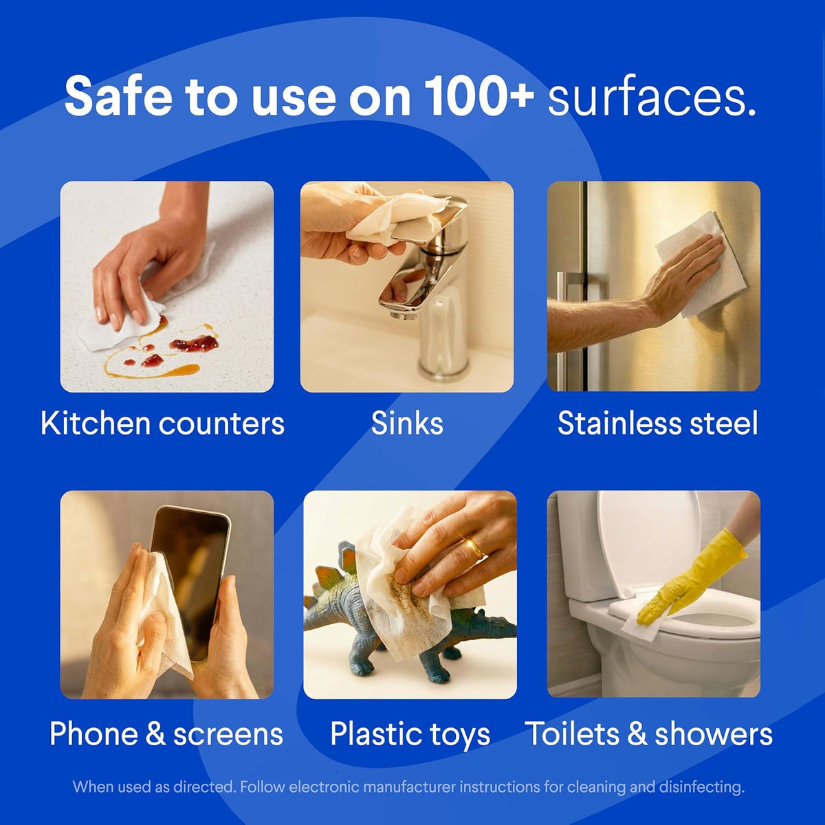 Bleach-free multi-surface cleaning wipes for compatible household surfaces