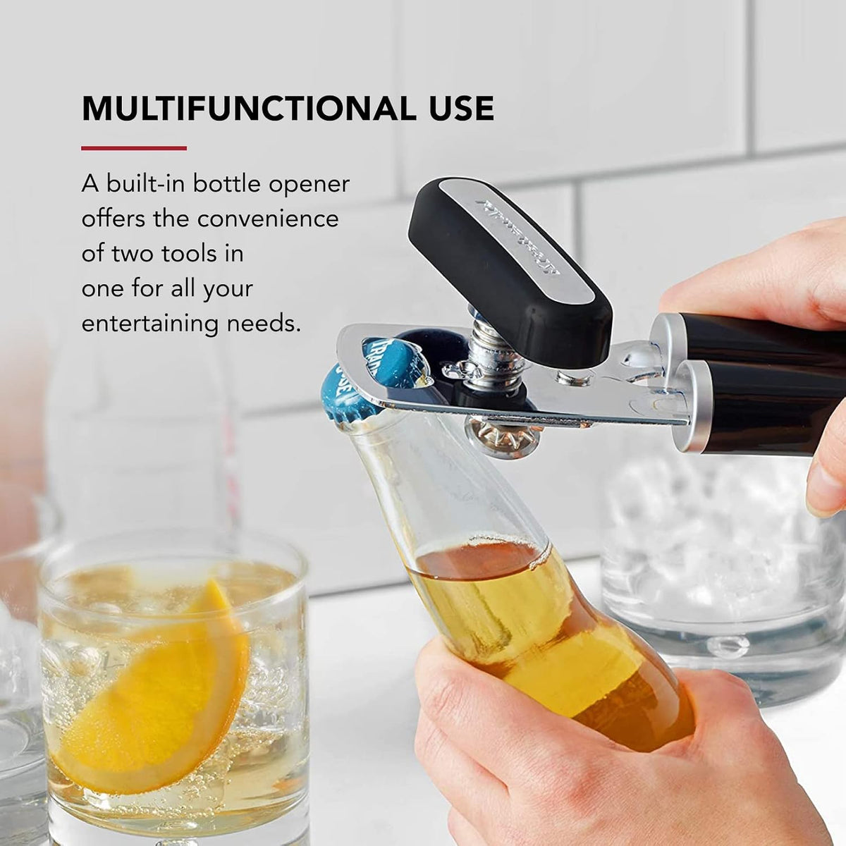 Black classic manual can opener with integrated bottle opener