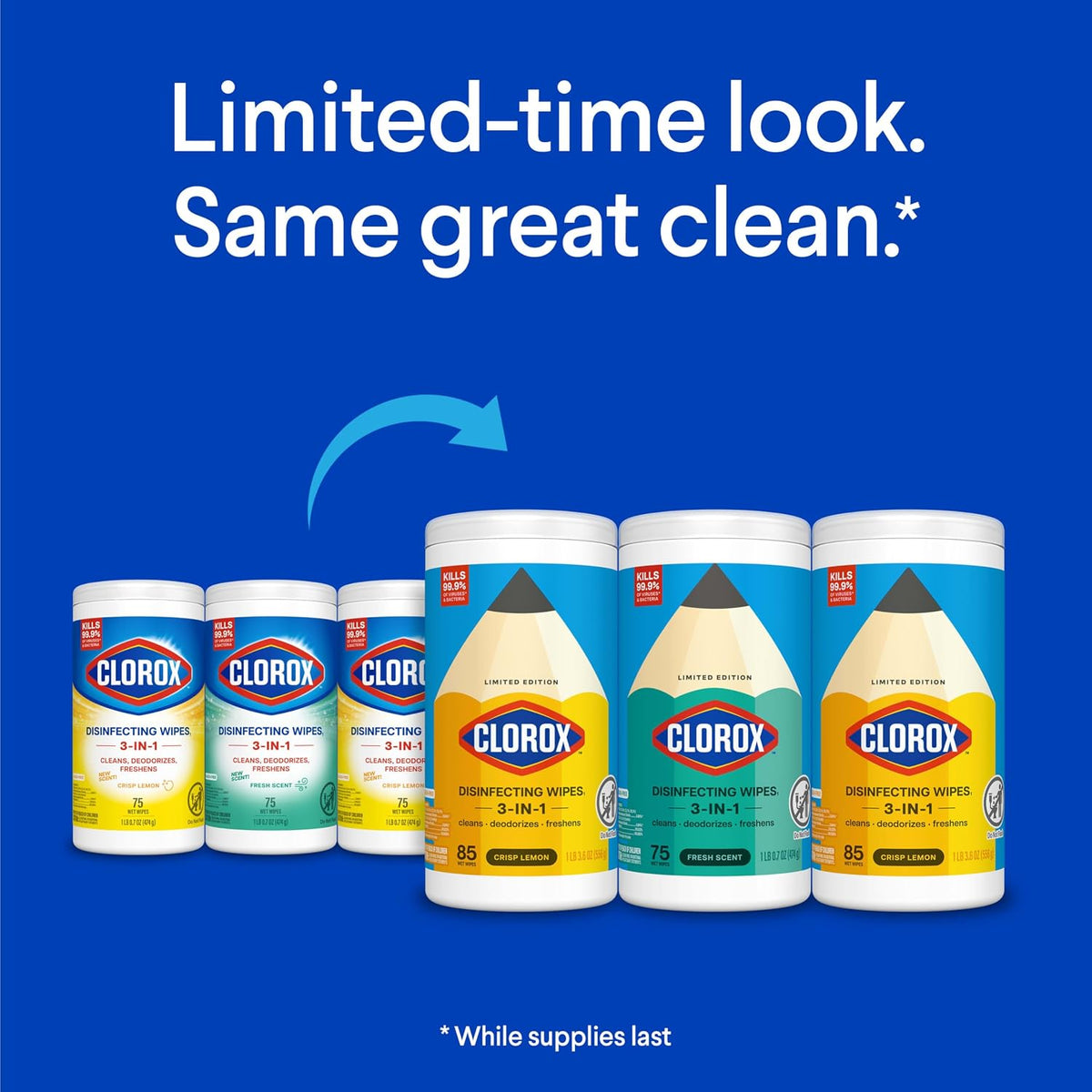 Three-pack variety set of Clorox disinfecting cleaning wipes