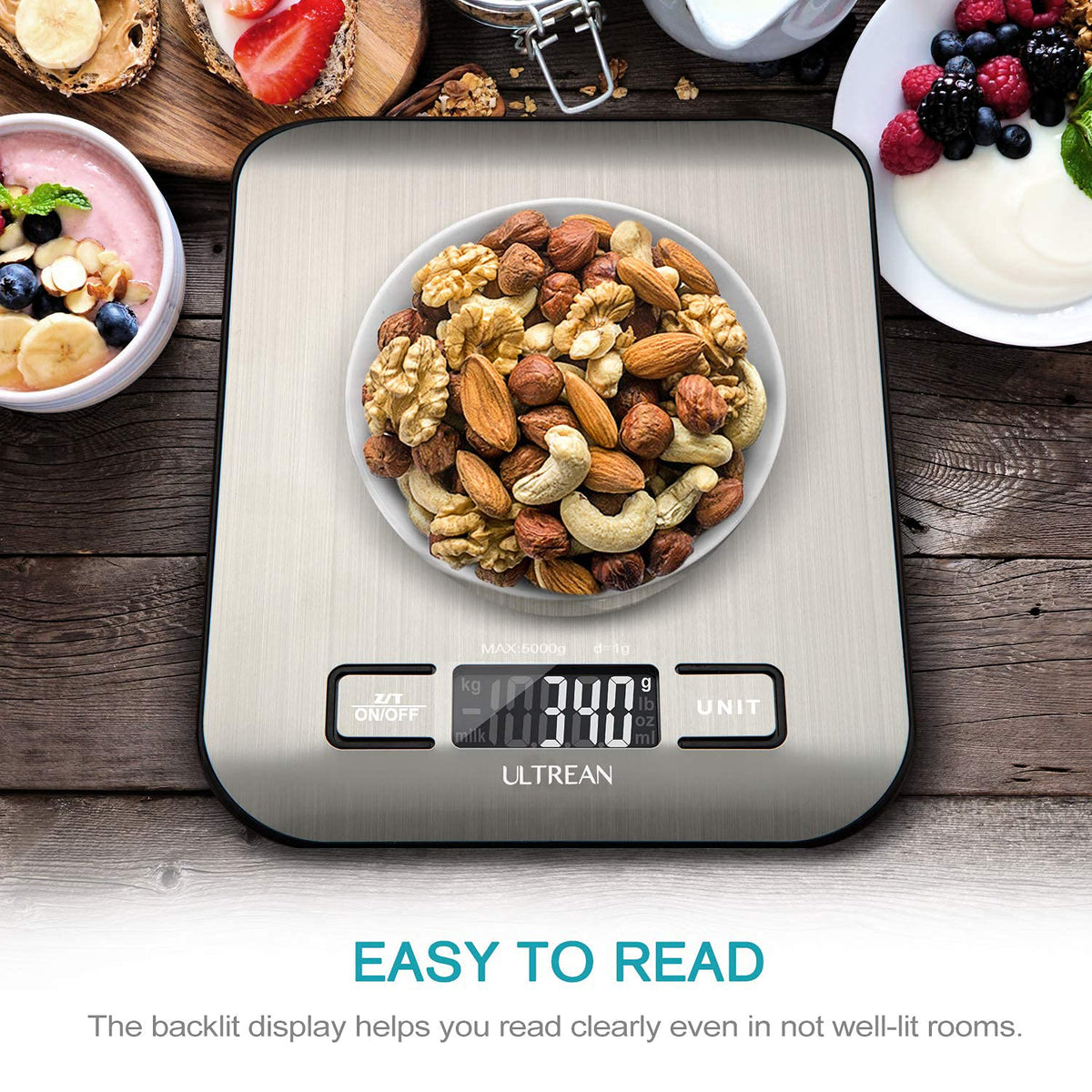 Digital food scale displaying ingredient weight in grams