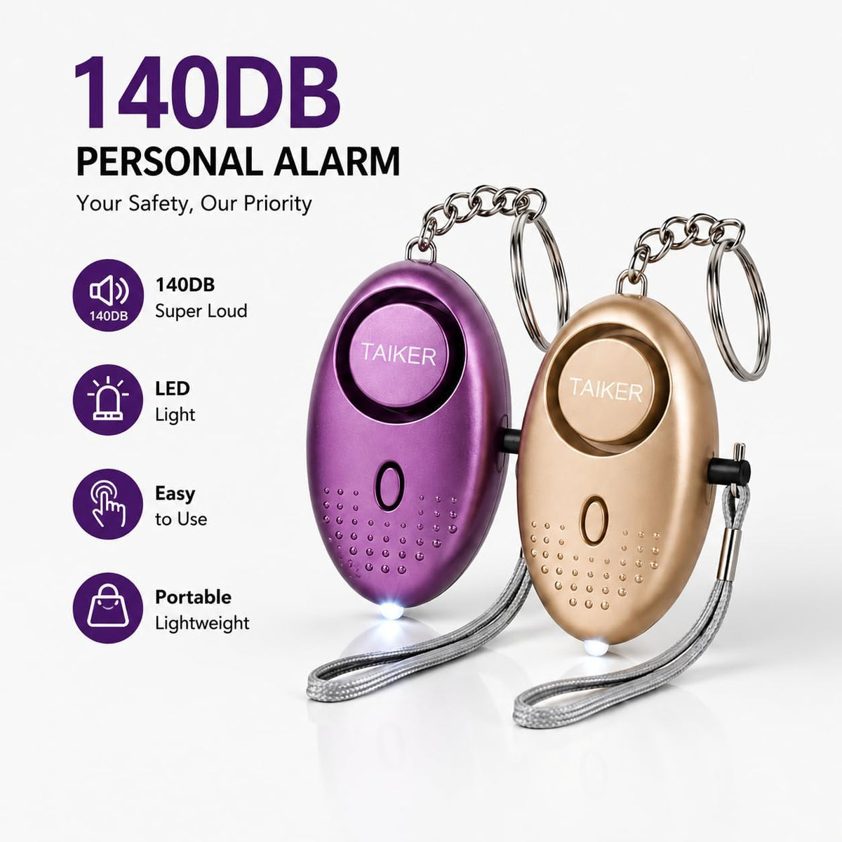 Two emergency alarm keychains with metal key rings