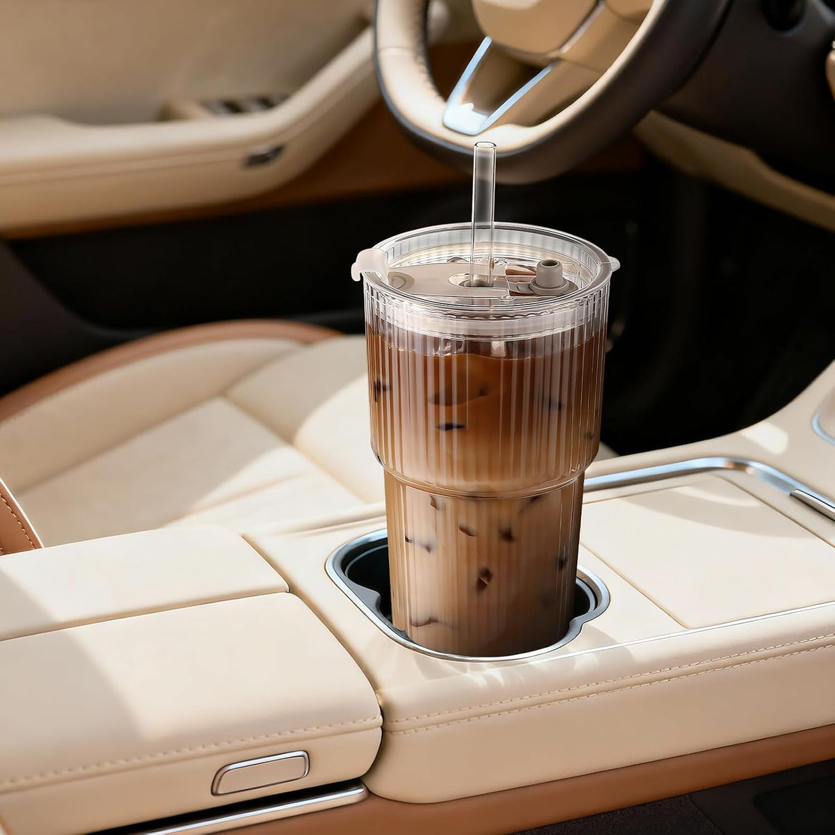 Four-piece ribbed glass tumbler set for cold drinks