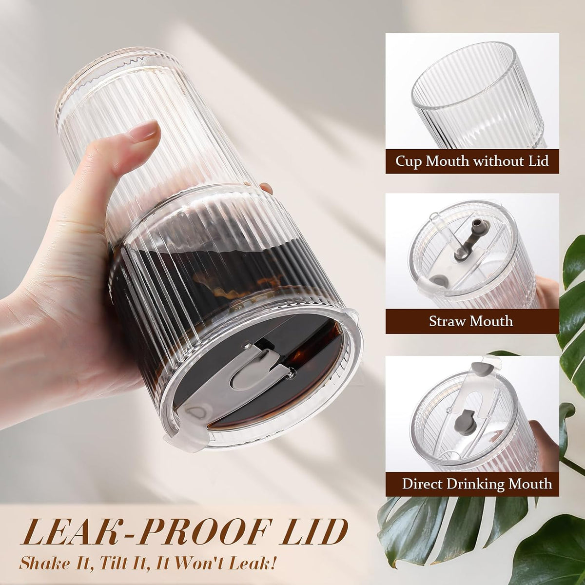 Reusable ribbed glass cup for serving an iced latte