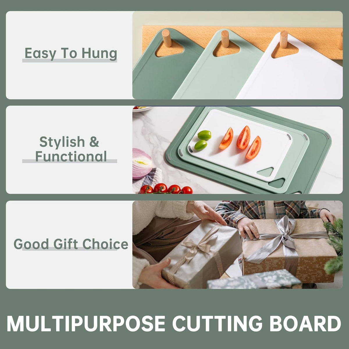 Green, pale green, and white cutting boards for everyday meal preparation