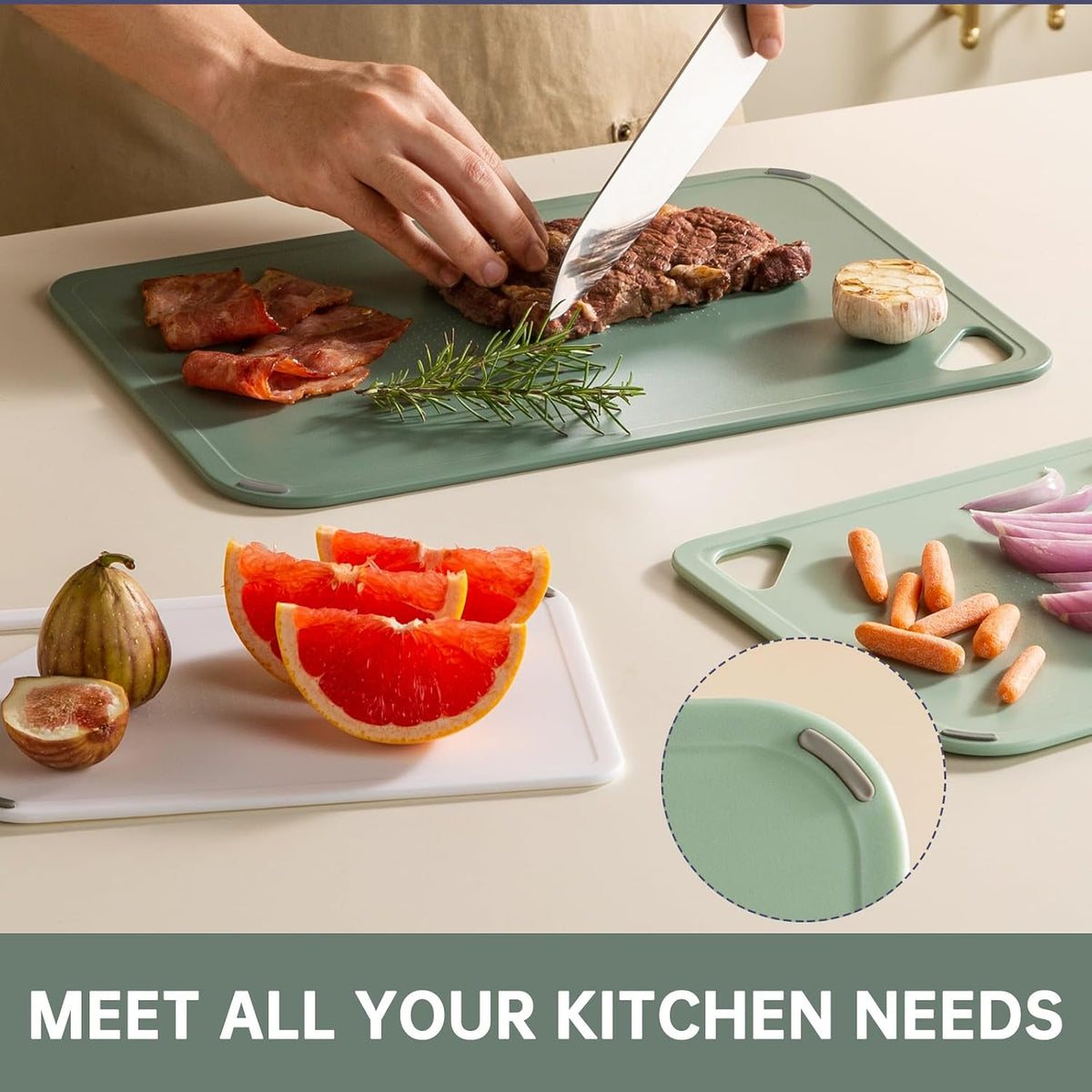 Set of three large cutting boards in green, pale green, and white