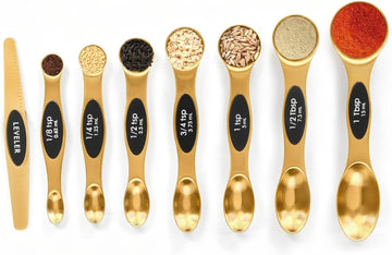 Magnetic measuring spoon set organized for compact kitchen drawer storage