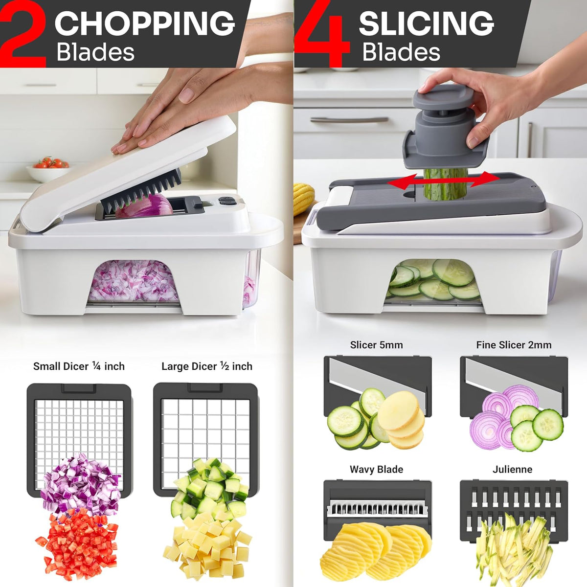Kitchen vegetable chopper designed for dicing red onions