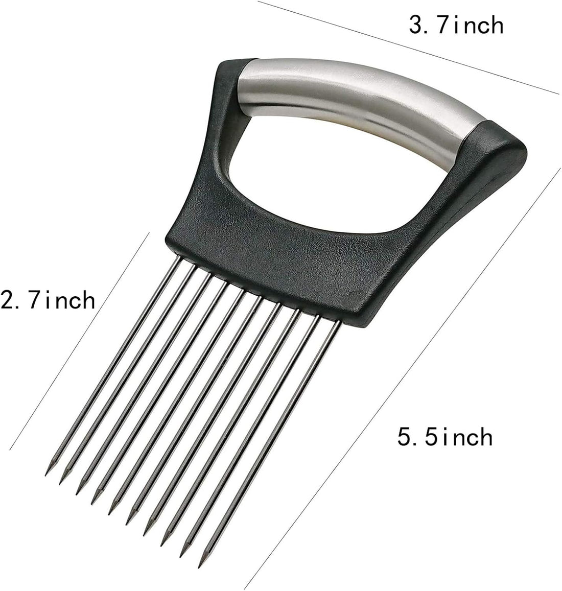 Stainless steel onion holder with multiple prongs and a black handle