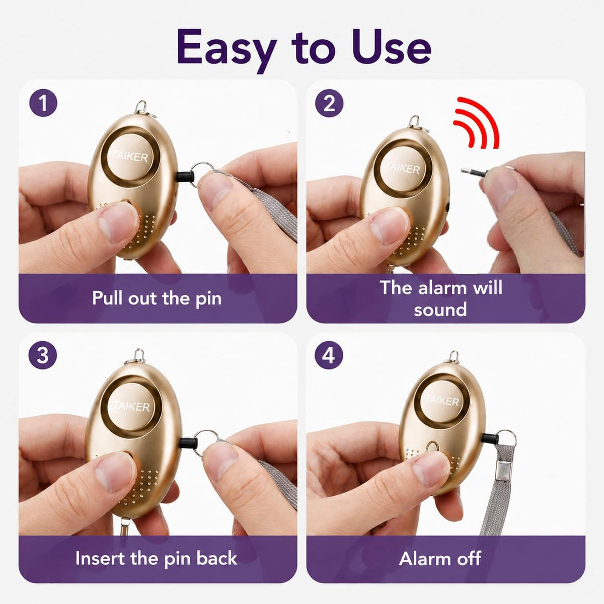 Purple personal safety alarm keychain with metal ring and wrist strap
