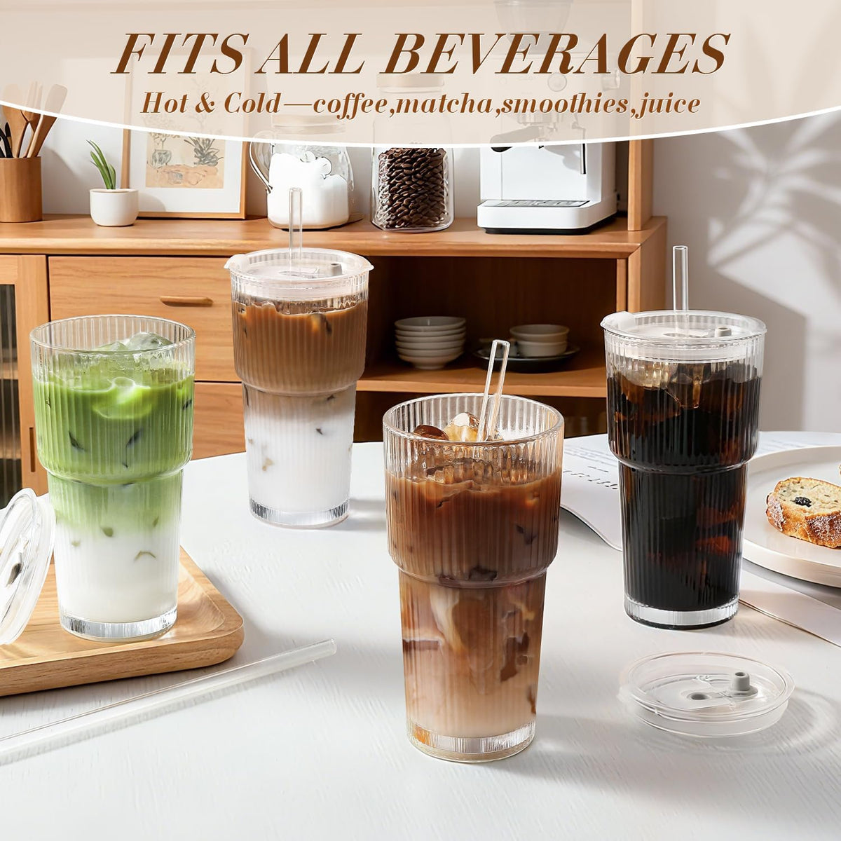 Ribbed glass drinkware for a home coffee bar setup