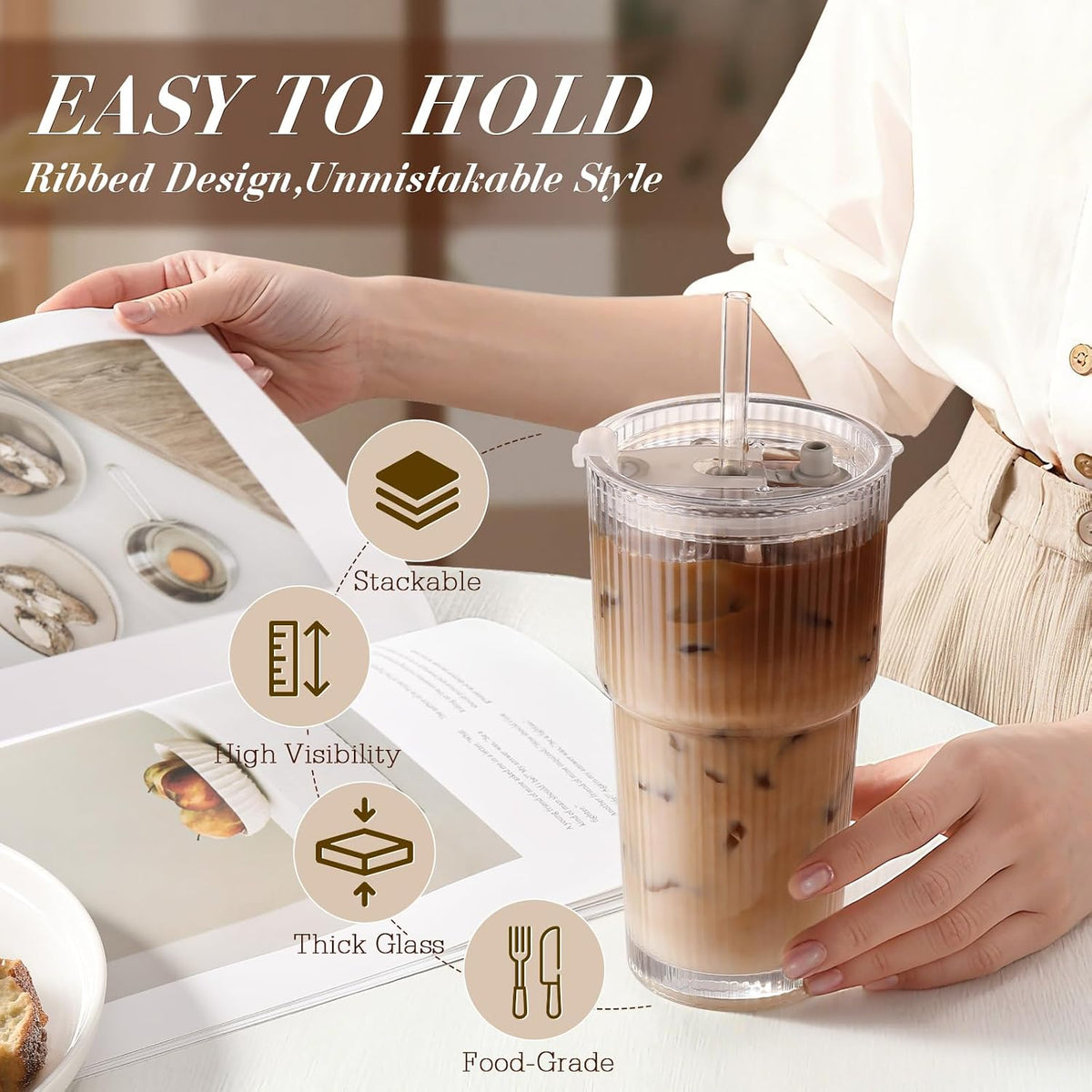 Ribbed glass tumbler with a lid and drinking straw