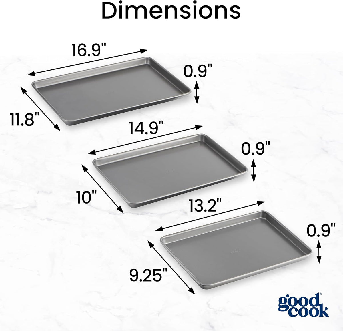 Gray baking sheets stacked together for compact kitchen storage