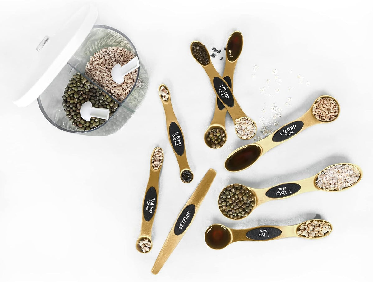 Stackable magnetic measuring spoons arranged together for convenient kitchen storage