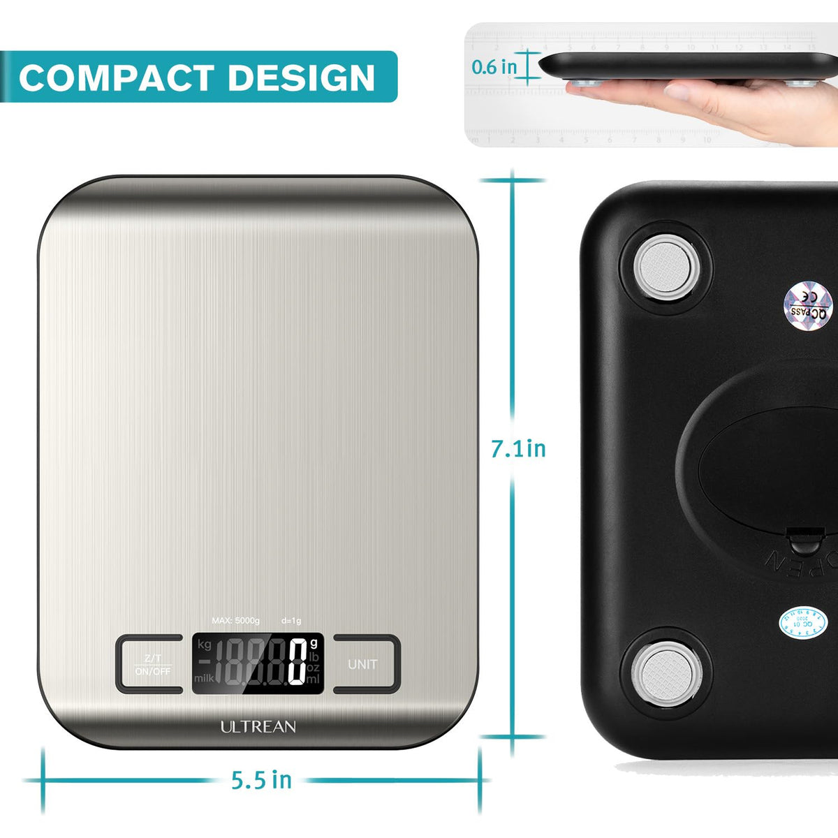 Stainless-steel platform on a digital food weighing scale