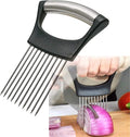 Stainless steel onion holder with multiple prongs and a black handle