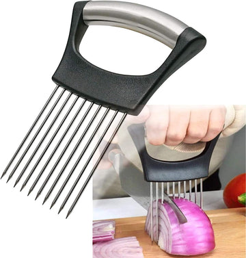 Stainless steel onion holder with multiple prongs and a black handle