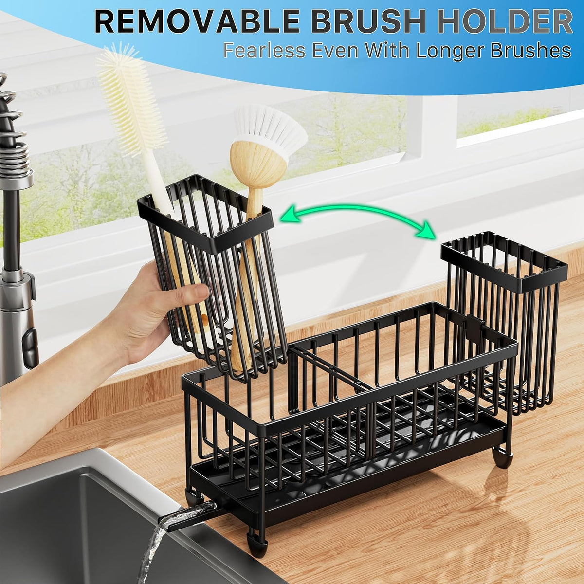 Divided stainless steel sink caddy for storing sponges and brushes