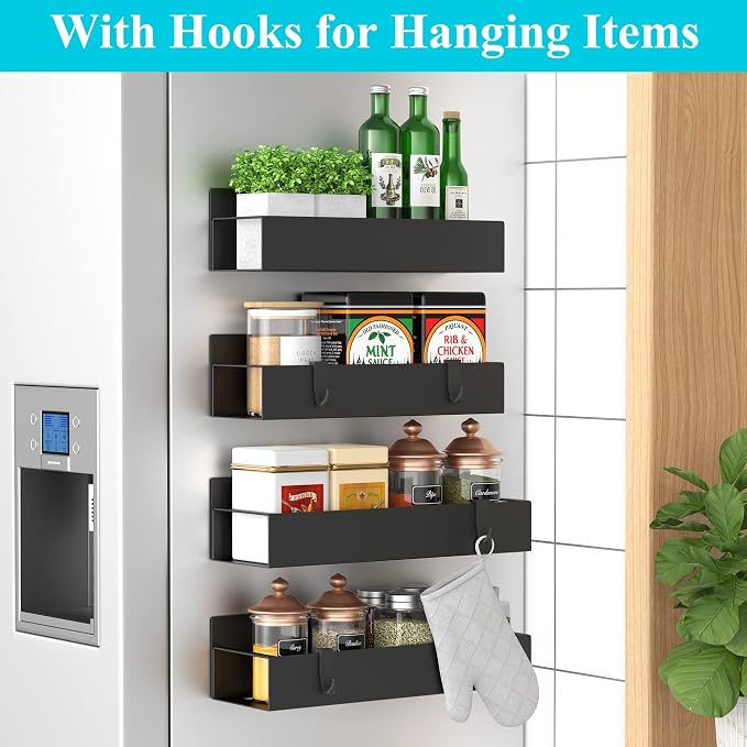 Set of four black wall-mounted spice racks for kitchen storage